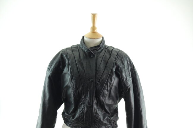 80s Cropped Black Leather Jacket Close Up