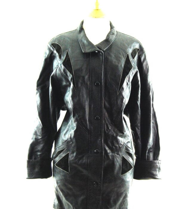 80s Black Leather Coat close up
