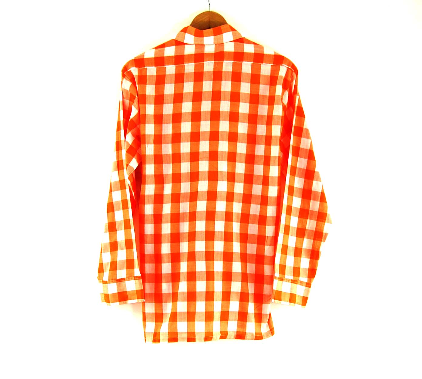 70s Orange Gingham Shirt UK M Blue 17 Vintage Clothing