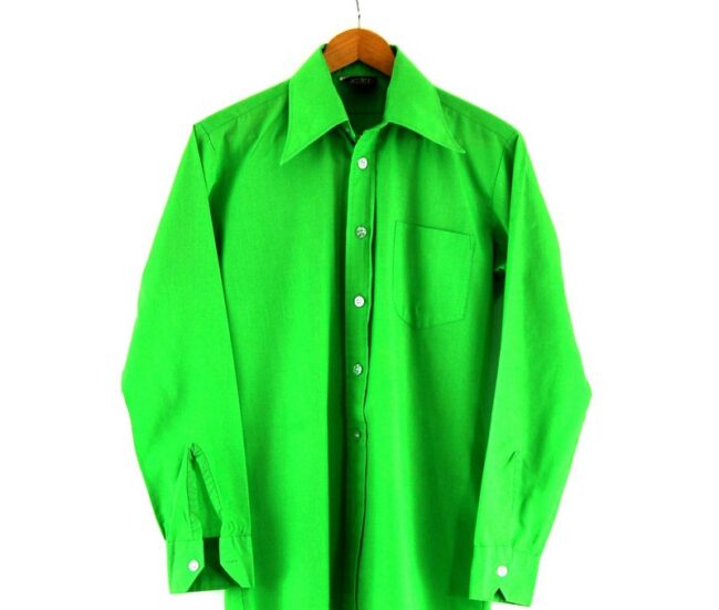 Close Up of 70s Green Shirt With Pointed Collar