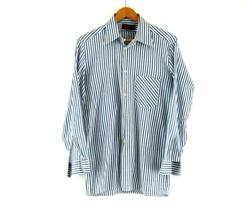 Blue and Grey Striped Shirt - UK M - Blue 17 Vintage Clothing