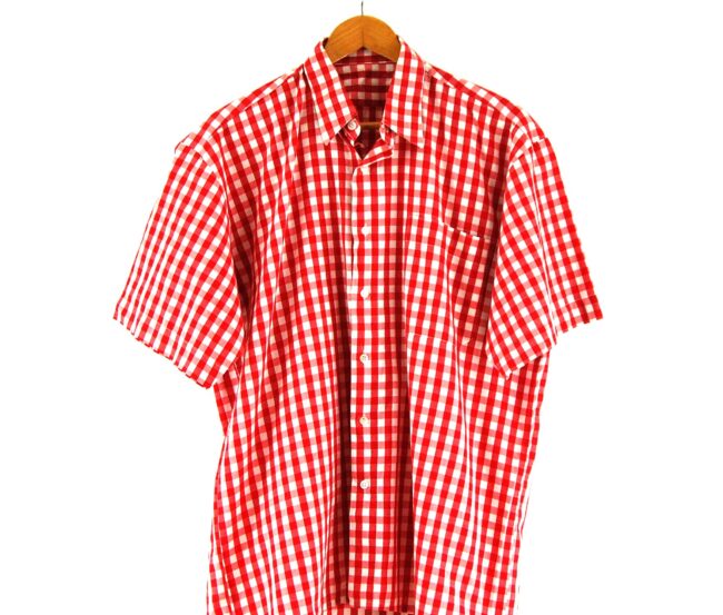 70s Red Short Sleeve Gingham Shirt Close Up