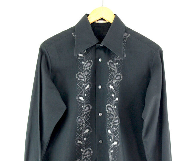 70s Black Embroidered Shirt close up