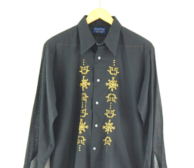 70s Black and Gold Embroidered Shirt Close up