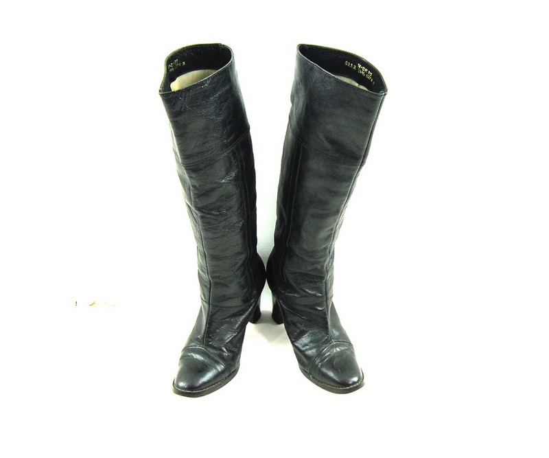 80s Black Knee High Boots - UK 6 - Blue 17 Vintage Clothing