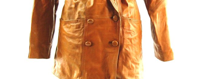 80s Brown Double Breasted Leather Jacket Close Up