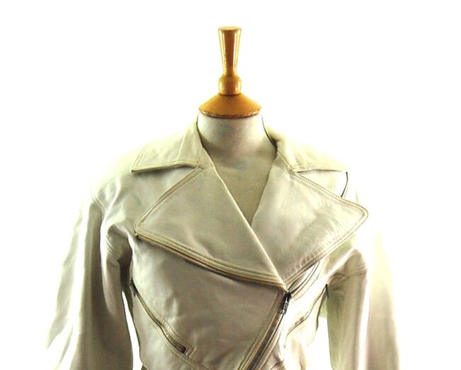 80s Cropped White Biker Jacket close up