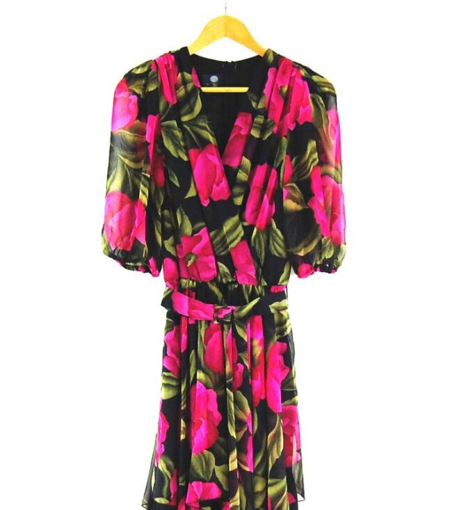Close up of 80s Rose Print Dress