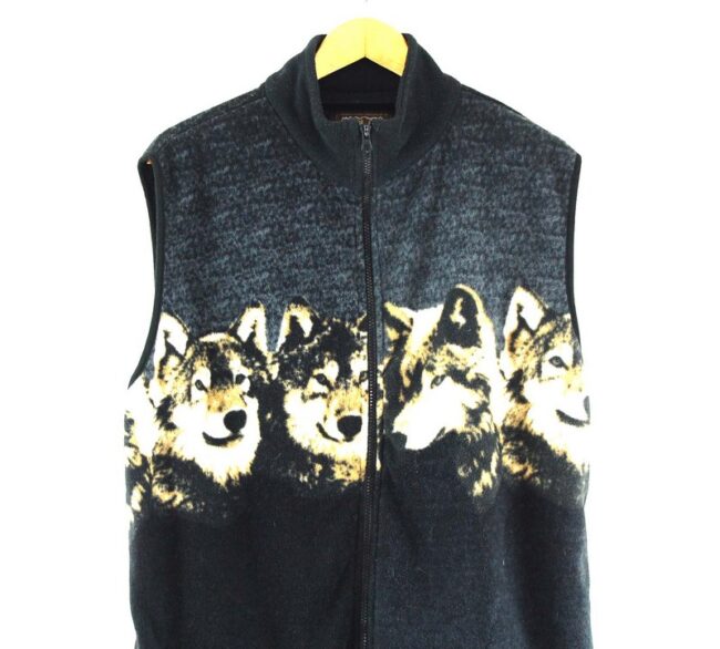 Close up of Mens Wolf Print Fleece Gilet