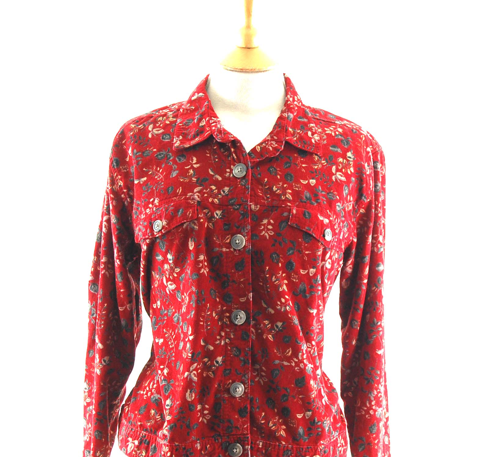 Red Floral Corduroy Shirt- UK M - Blue 17 Vintage Clothing