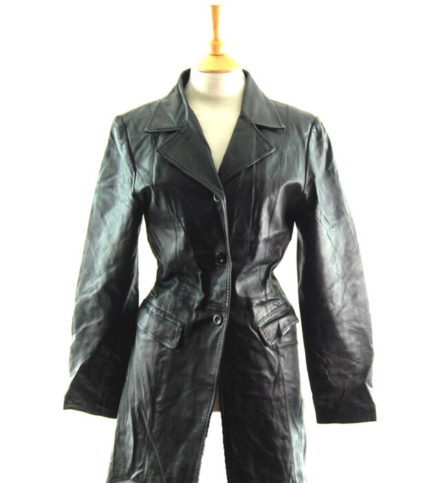 90s Black Leather Coat close up