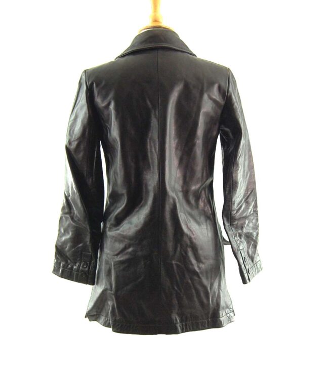 90s Black Double Breasted Leather Coat Back