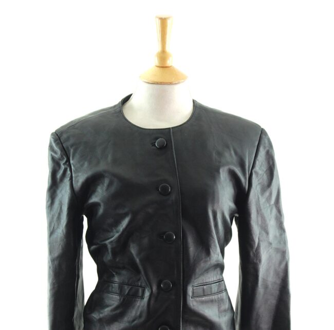 80s Cropped Collarless Leather Jacket close up