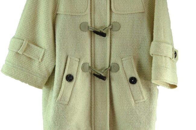 Close up of Womens White Burberry Blue Label Duffel Coat