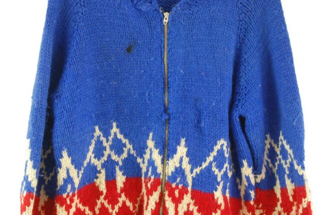 Close up of Cowichan Sweater Blue and Red