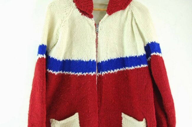 Close up of White, Blue and Red Cowichan Sweater