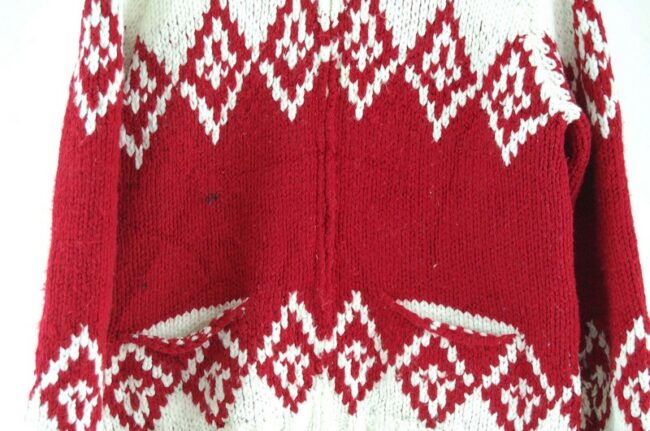 Front close up of 80s Red and White Cowichan Sweater