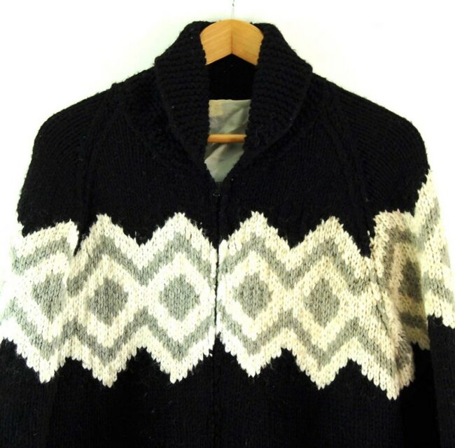 Close up of 80s Zig Zag Cowichan Sweater