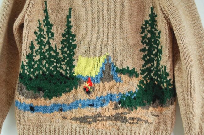 Back close up of Cowichan Sweater Campfire Theme