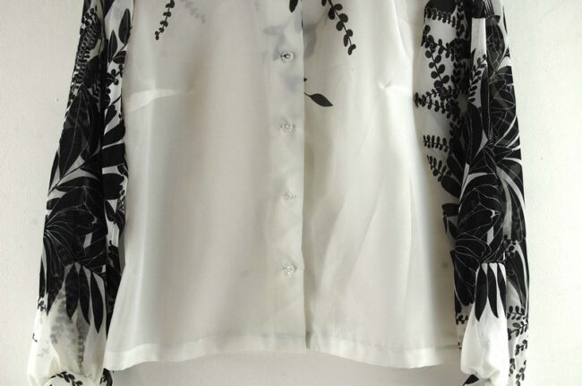 Close of Floral Print Black And White 70s Blouse