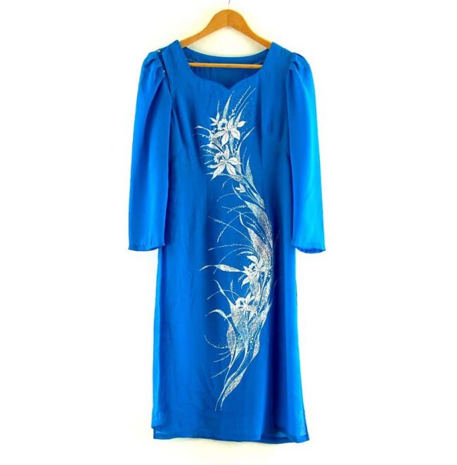 Blue Glitter Print Vietnamese Dress