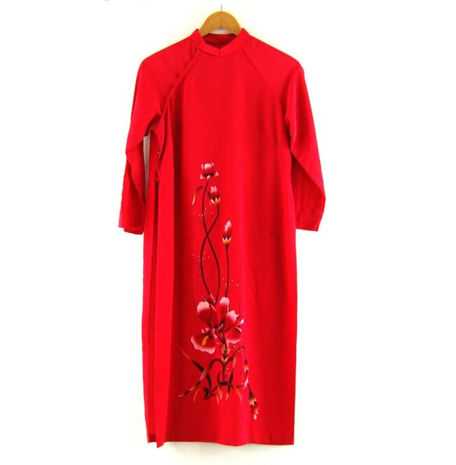 Red Floral Vietnamese Dress - 12