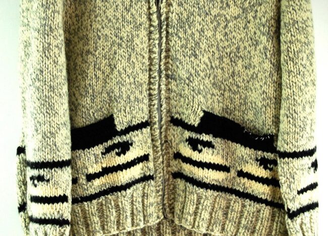 Close up lower front of 70s Curling Cowichan Sweater