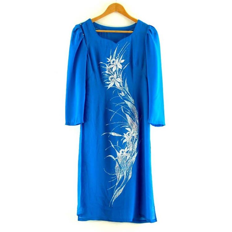 Blue Glitter Print Vietnamese Dress
