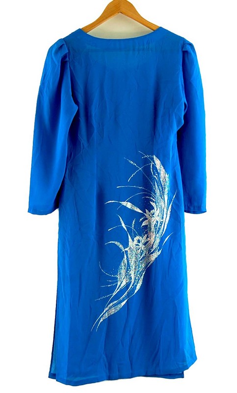 Back of Blue Glitter Print Vietnamese Dress