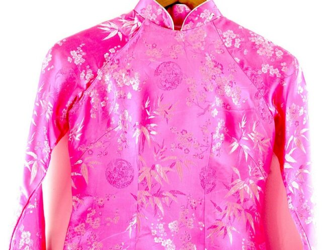 Close up of Pink Cherry Blossom Chinese Dress For Ladies