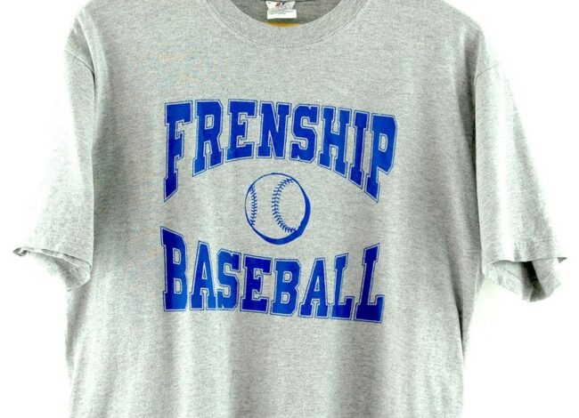 Close up of Grey Frenship Baseball T Shirt