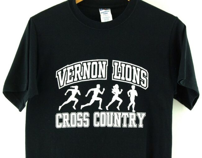 Close up of Black Vernon Lions Cross Country American T Shirt