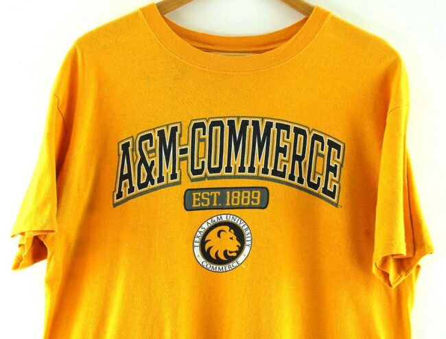 Close up of Yellow Texas A And M University Commerce T Shirt