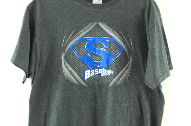 Close up of Baseball Superman Grey Tee