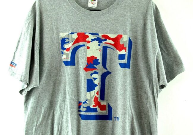 Close up of Texas Rangers Camo Grey Tee