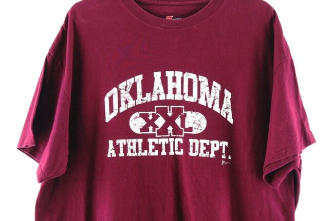 Close up of Oklahoma XXL Athletic Dept. Oxblood Tee