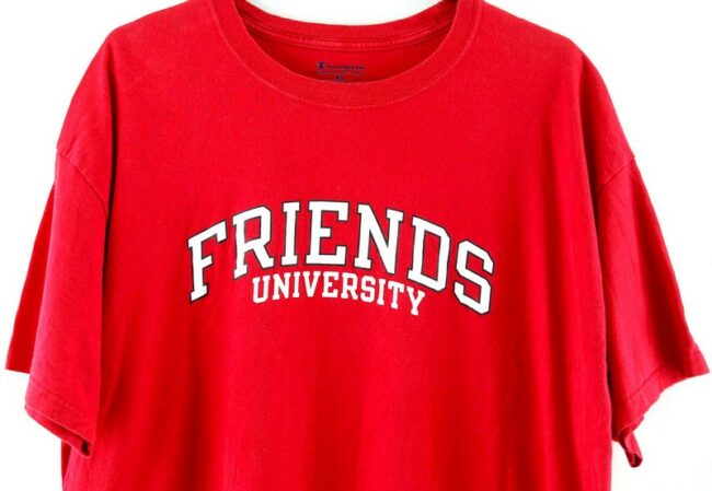 Close up of Friends University Red Tee