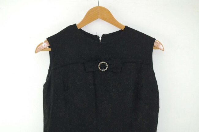 Front close up of 1960s Black Shift Dress with Bow