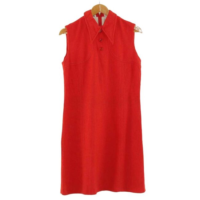 Red Wool Retro 70s Dress with Dagger Collar