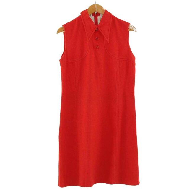 Red Wool Retro 70s Dress with Dagger Collar