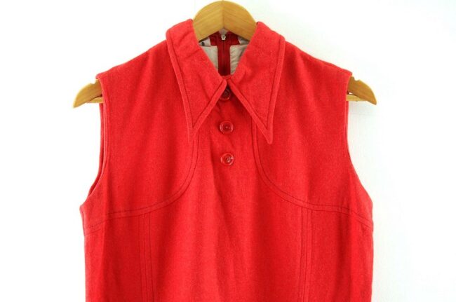 Close up Back of Red Wool Retro 70s Dress with Dagger Collar