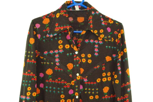 Close up of Brown Floral Blouse with Dagger Collar