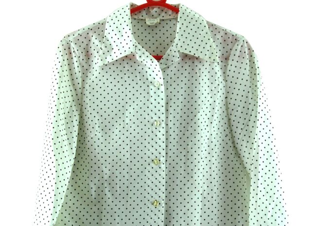 Close up of 70s White Polka Dot Blouse