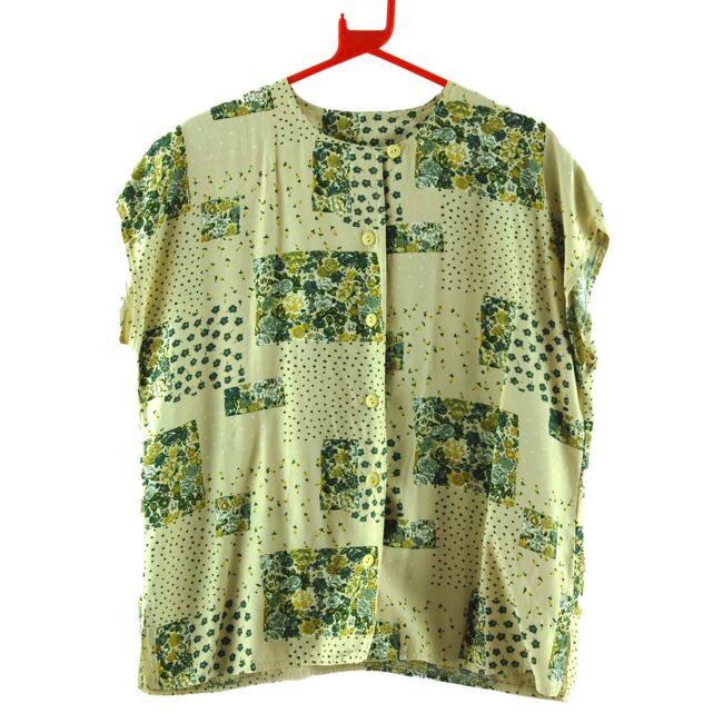 90s Beige Patchwork Print Blouse