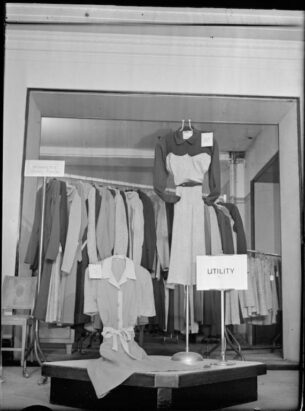 1940s haute couture. Norman Hartnel Utility designs in a shop display.