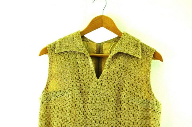 Close up of 1960s Gold Crochet Shift Dress