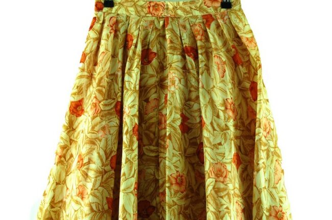 Close up of Vintage Brown Floral Silk Midi Skirt
