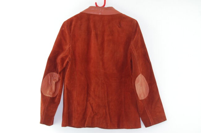 Back of Rust Coloured Womans 70s suede jacket With Leather Trim