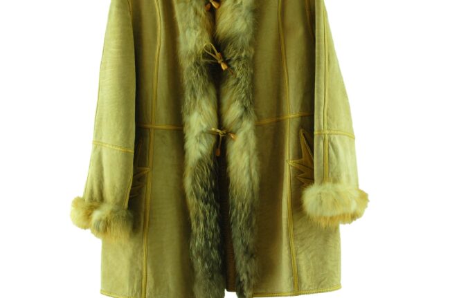 Close up of Vintage Suede Coat Womens With Fur Trim