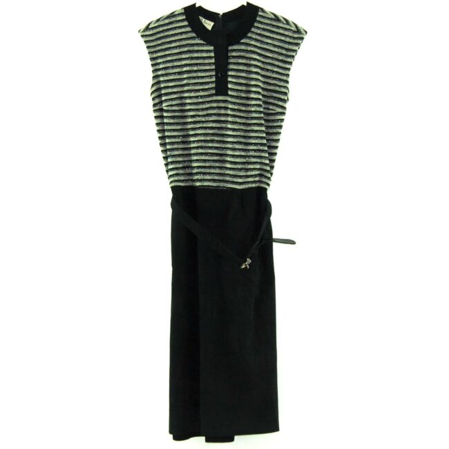 Black Suedette And Wool Bodice Striped 70s Dress